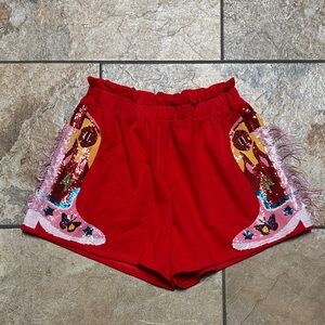 QUEEN OF SPARKLES Red High Waist Womens Shorts with Sequin Boot Motif